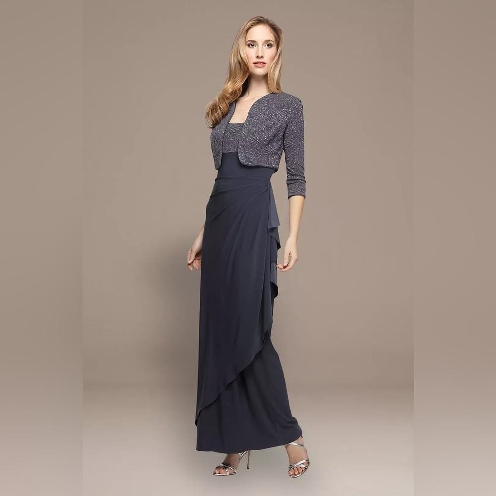 New ALEX EVENINGS 2pc Set Smoke Jacquard Glitter Empire Maxi Gown Dress + Jacket